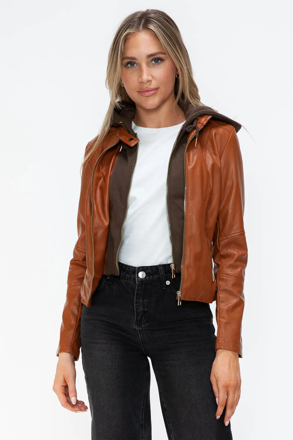 Snobbish Faux Leather Camel Women Zip Up Hooded Jacket Pocketed
