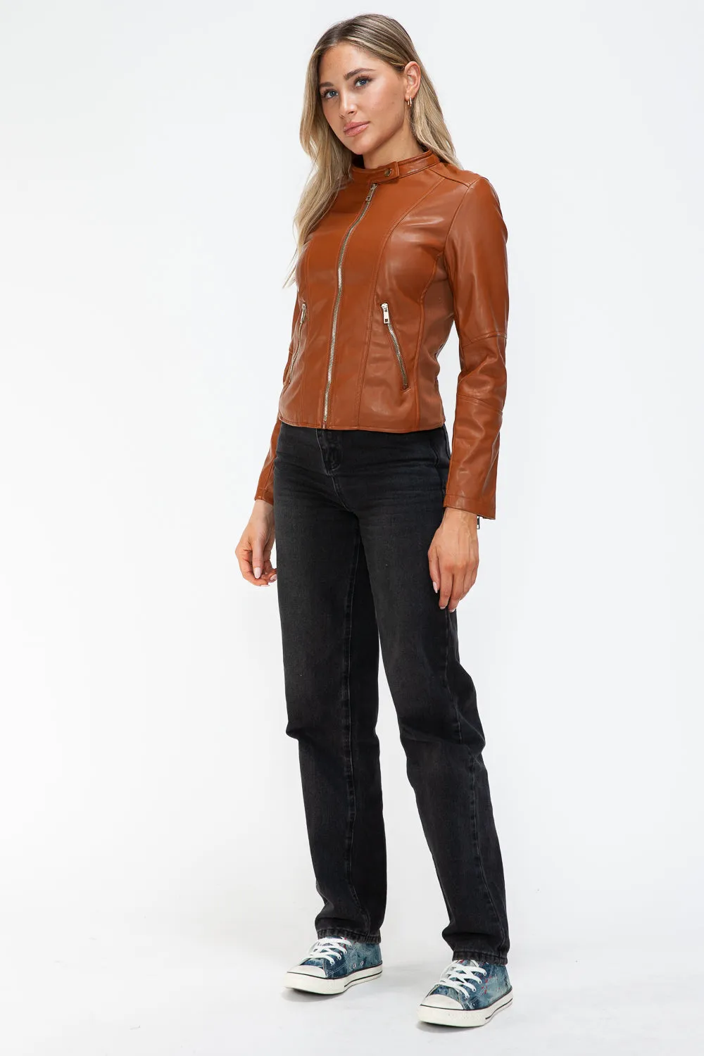 Snobbish Faux Leather Camel Women Zip Up Hooded Jacket Pocketed