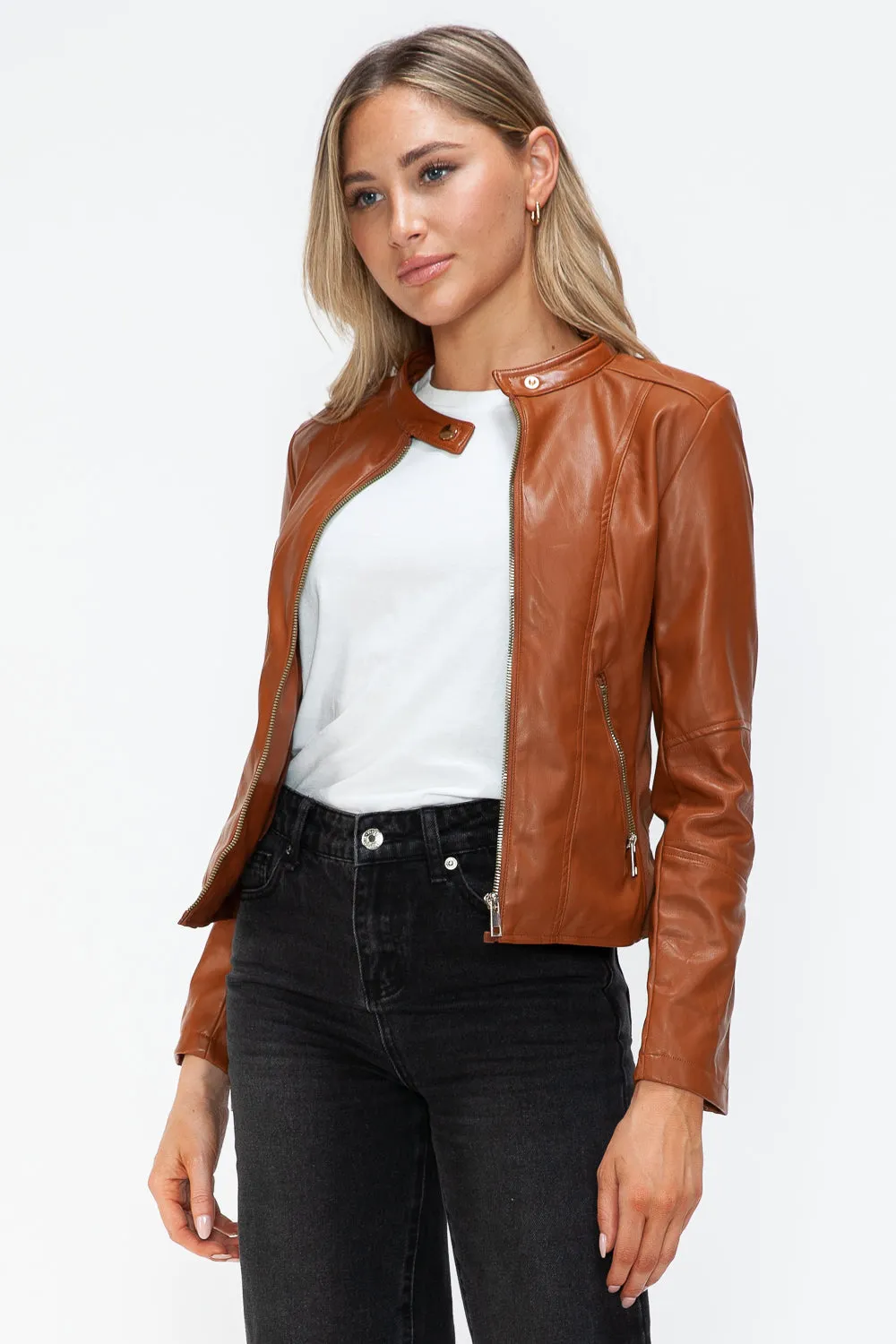 Snobbish Faux Leather Camel Women Zip Up Hooded Jacket Pocketed