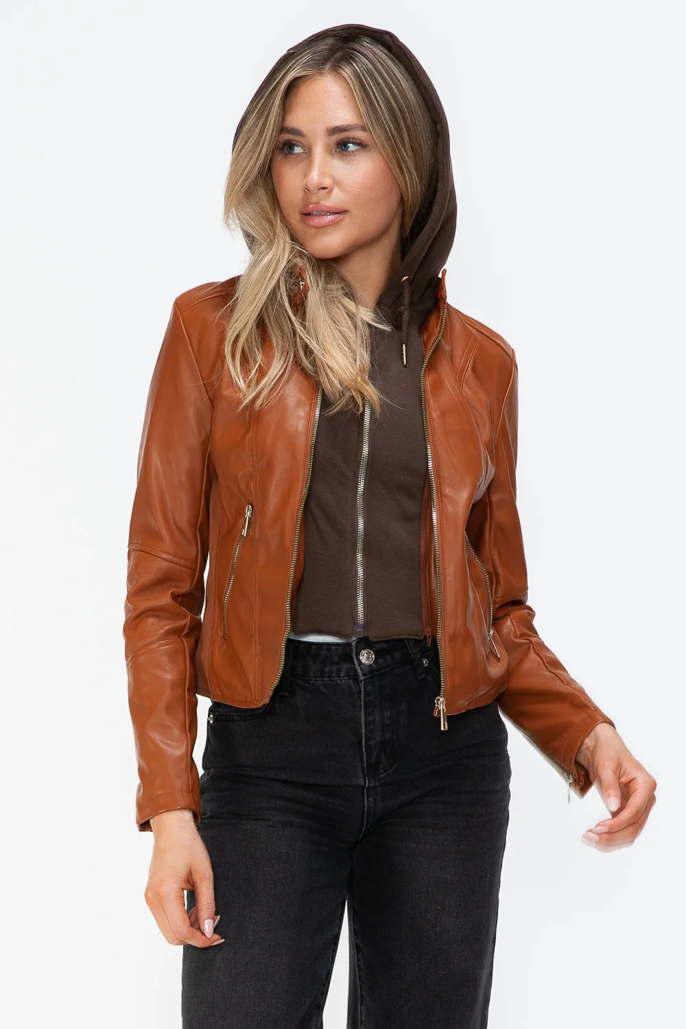 Snobbish Faux Leather Camel Women Zip Up Hooded Jacket Pocketed