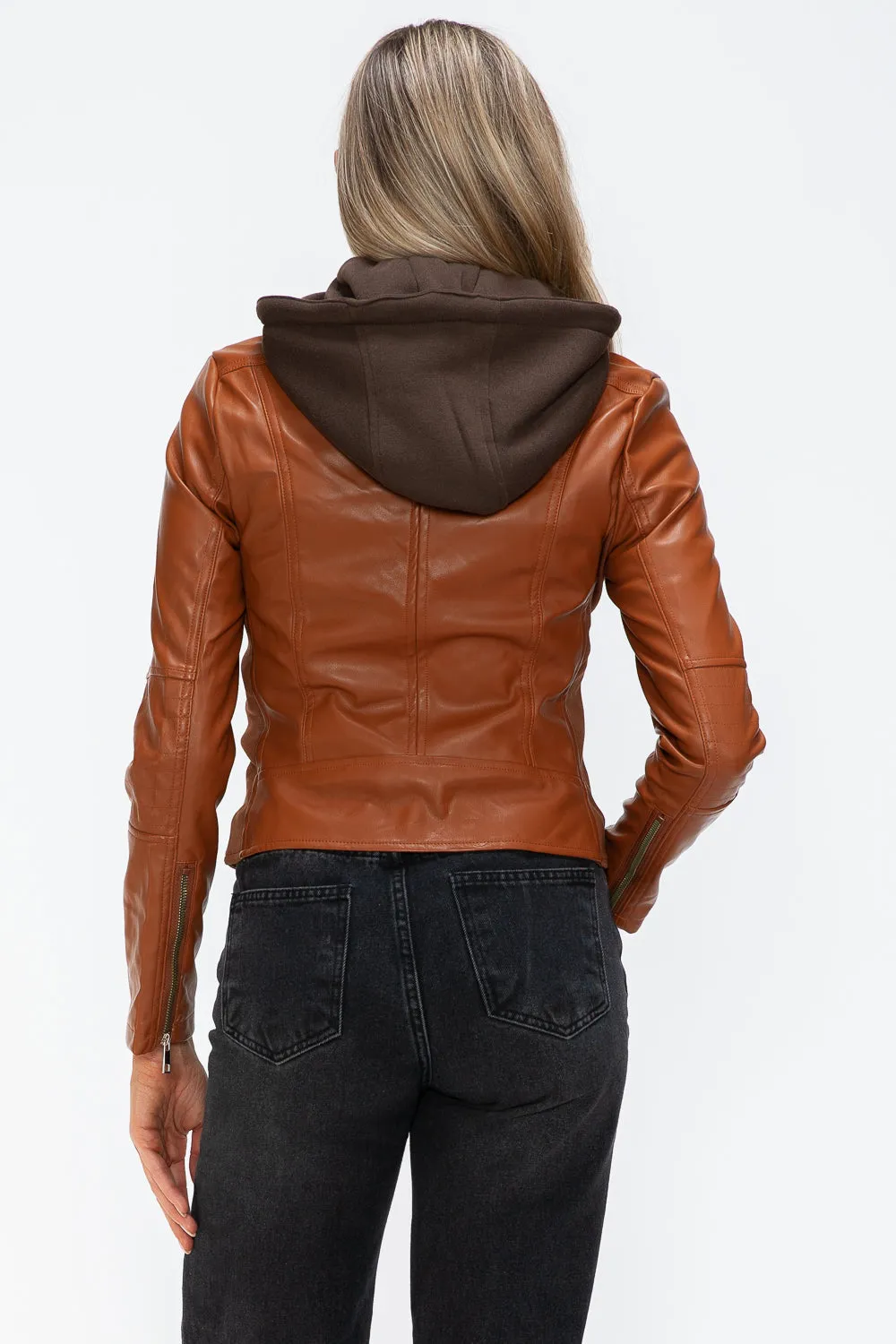 Snobbish Faux Leather Camel Women Zip Up Hooded Jacket Pocketed