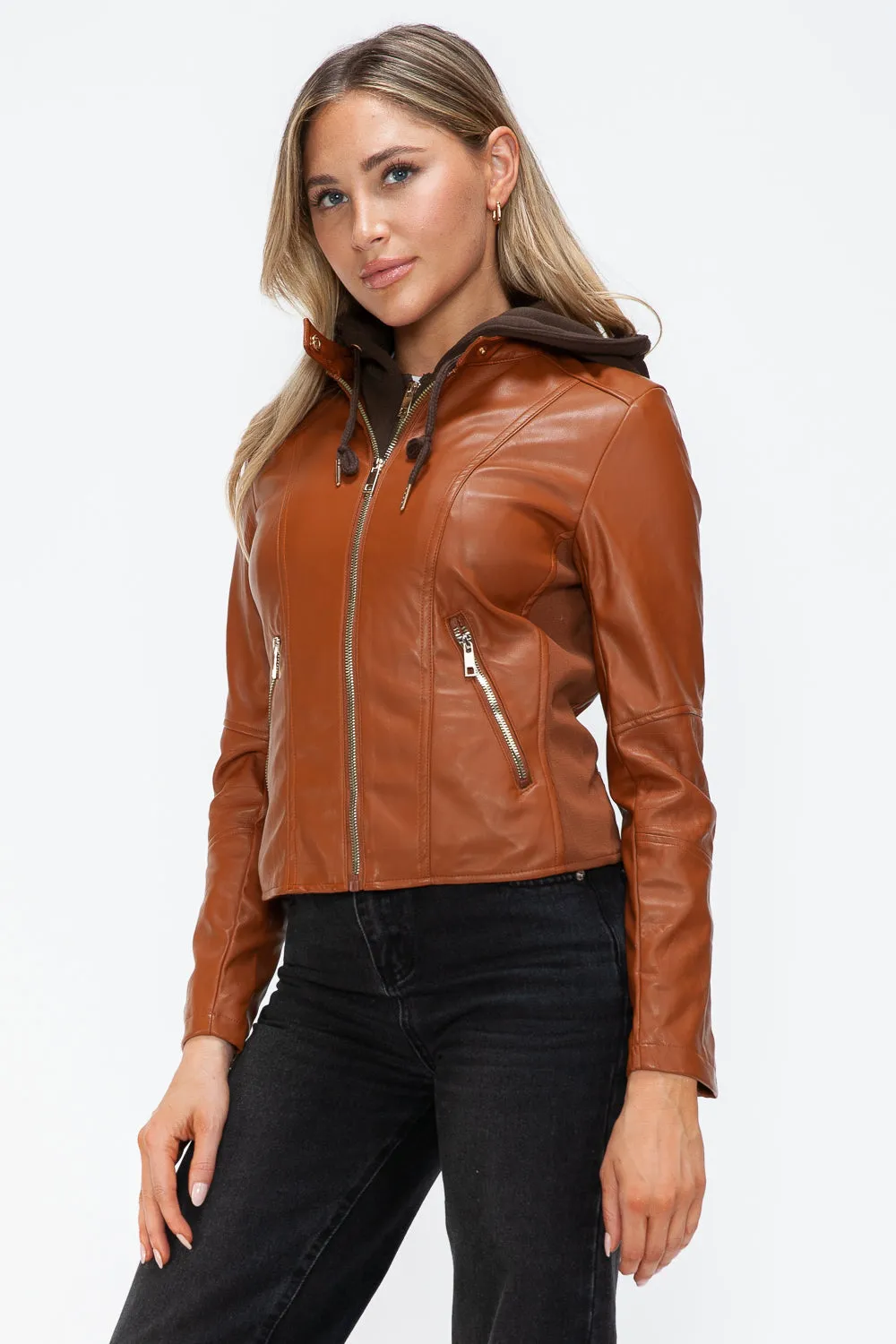 Snobbish Faux Leather Camel Women Zip Up Hooded Jacket Pocketed