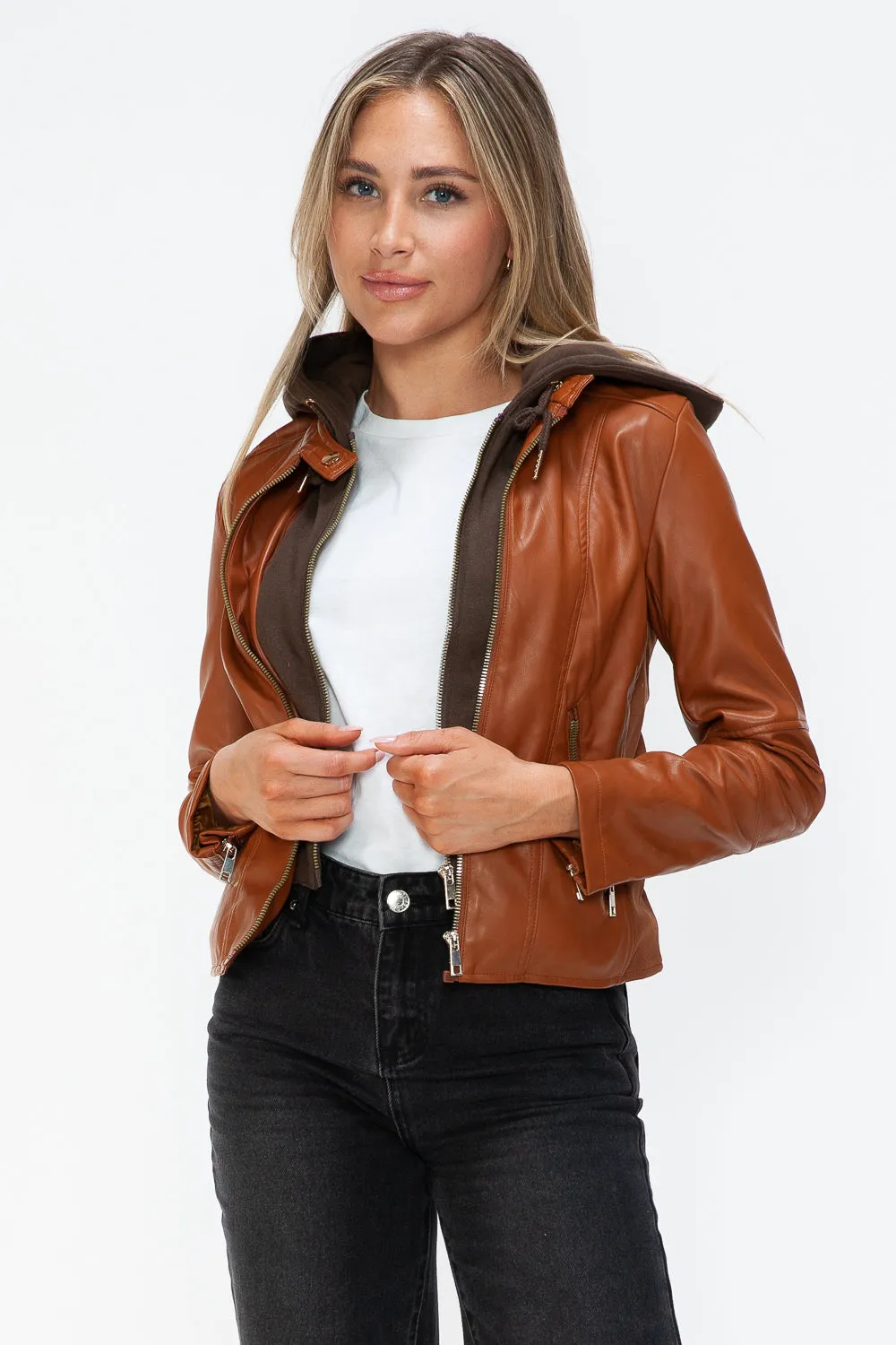 Snobbish Faux Leather Camel Women Zip Up Hooded Jacket Pocketed