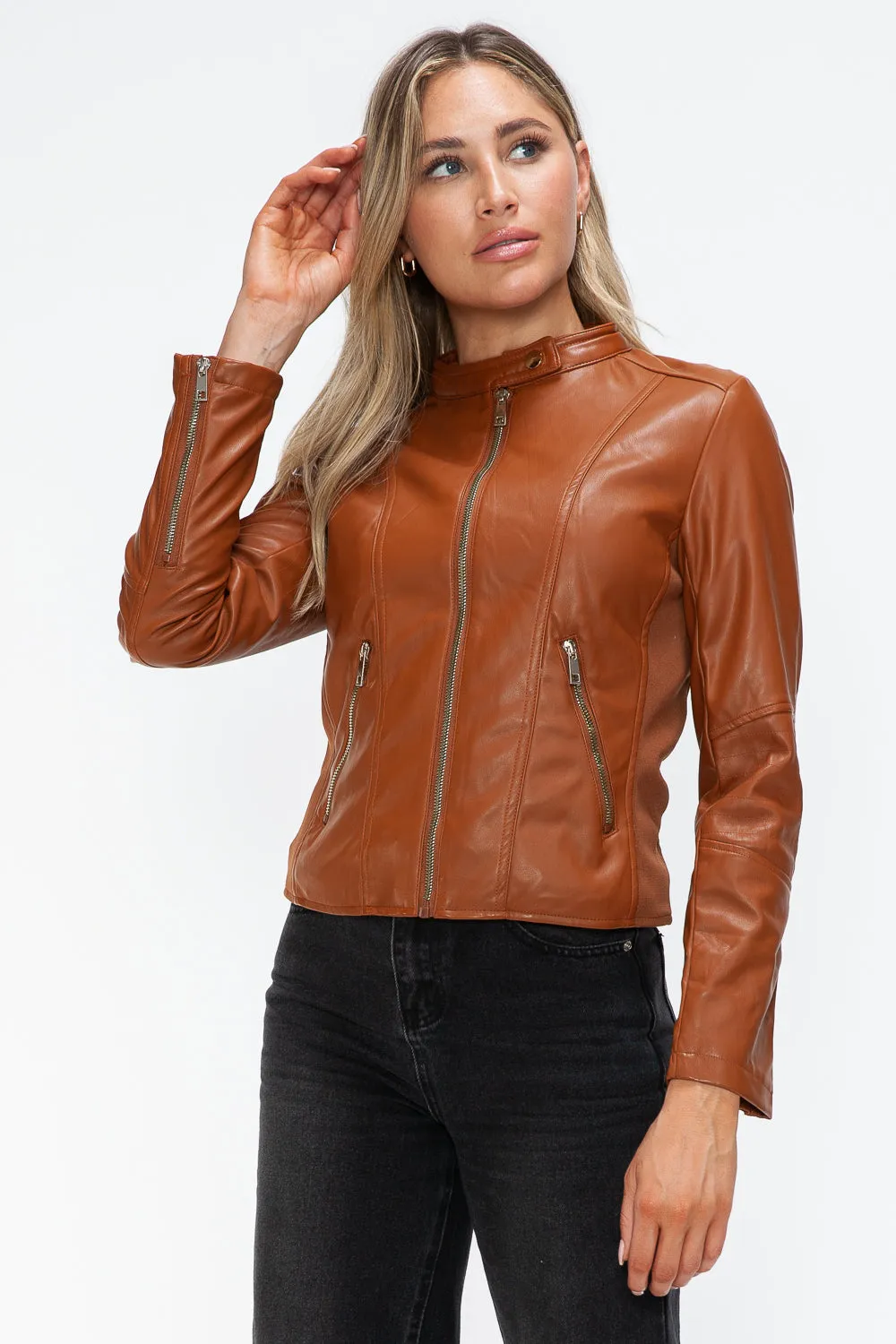 Snobbish Faux Leather Camel Women Zip Up Hooded Jacket Pocketed
