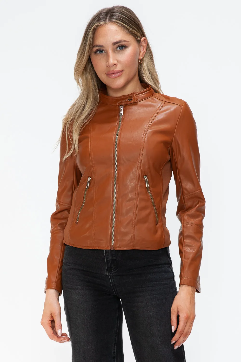 Snobbish Faux Leather Camel Women Zip Up Hooded Jacket Pocketed