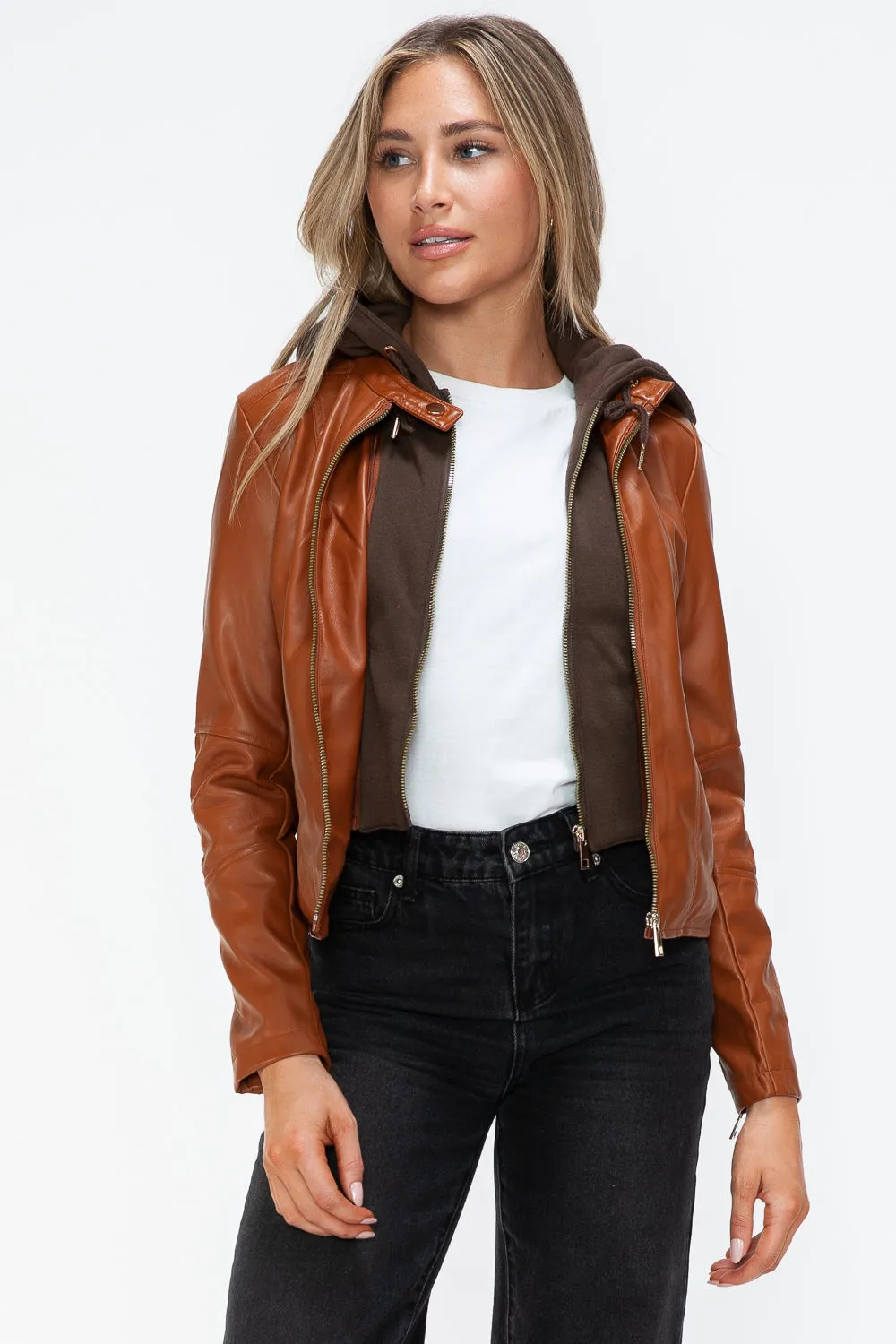 Snobbish Faux Leather Camel Women Zip Up Hooded Jacket Pocketed