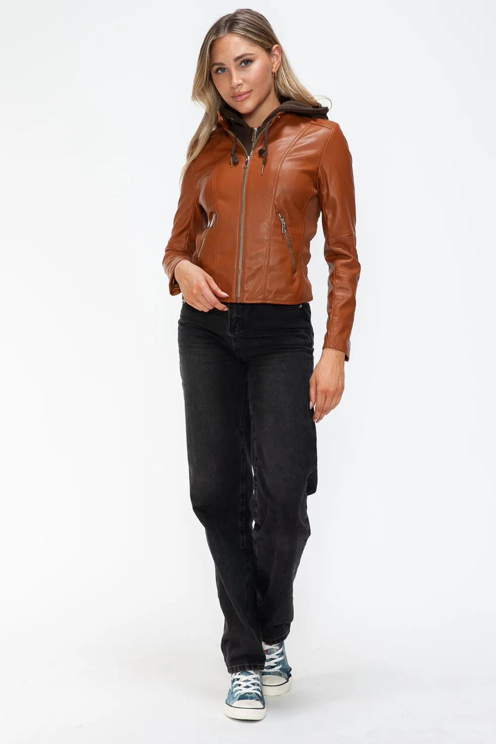 Snobbish Faux Leather Camel Women Zip Up Hooded Jacket Pocketed