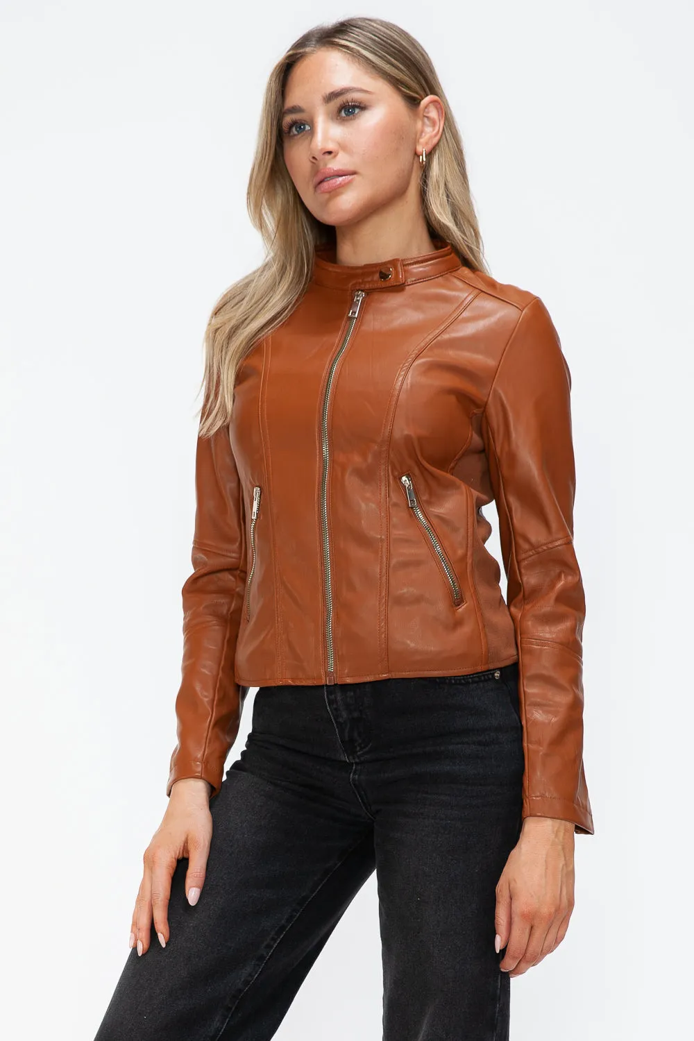 Snobbish Faux Leather Camel Women Zip Up Hooded Jacket Pocketed