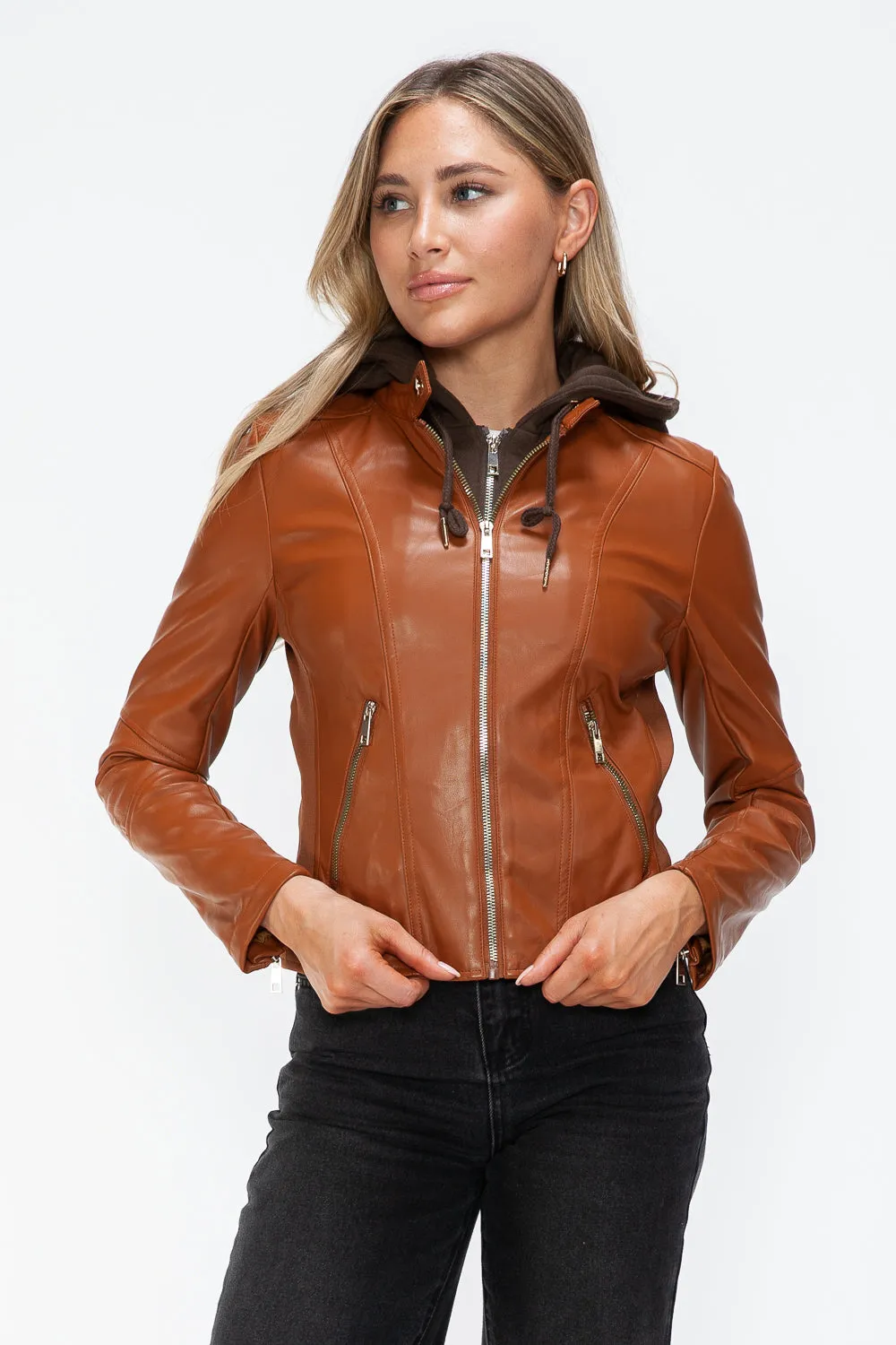 Snobbish Faux Leather Camel Women Zip Up Hooded Jacket Pocketed
