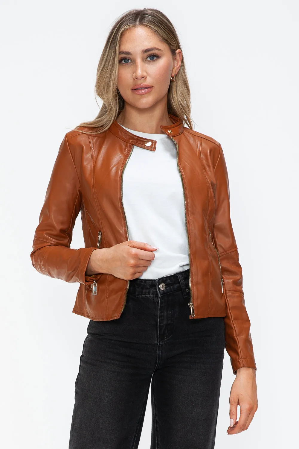 Snobbish Faux Leather Camel Women Zip Up Hooded Jacket Pocketed