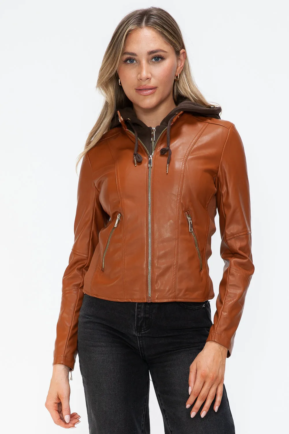 Snobbish Faux Leather Camel Women Zip Up Hooded Jacket Pocketed