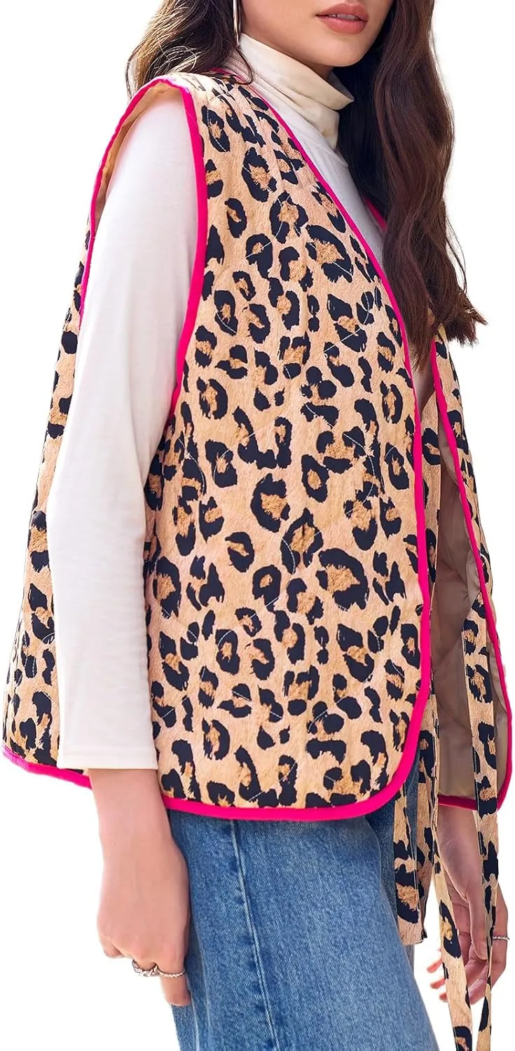 Tankaneo Womens Puffer Vest Sleeveless Leopard Print Tie Front Tops Quilted Gilet Jacket Coat Outerwear