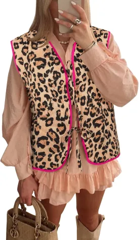 Tankaneo Womens Puffer Vest Sleeveless Leopard Print Tie Front Tops Quilted Gilet Jacket Coat Outerwear