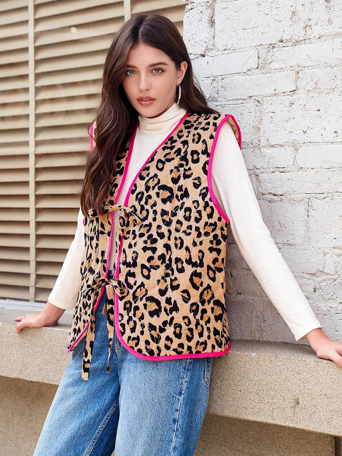 Tankaneo Womens Puffer Vest Sleeveless Leopard Print Tie Front Tops Quilted Gilet Jacket Coat Outerwear
