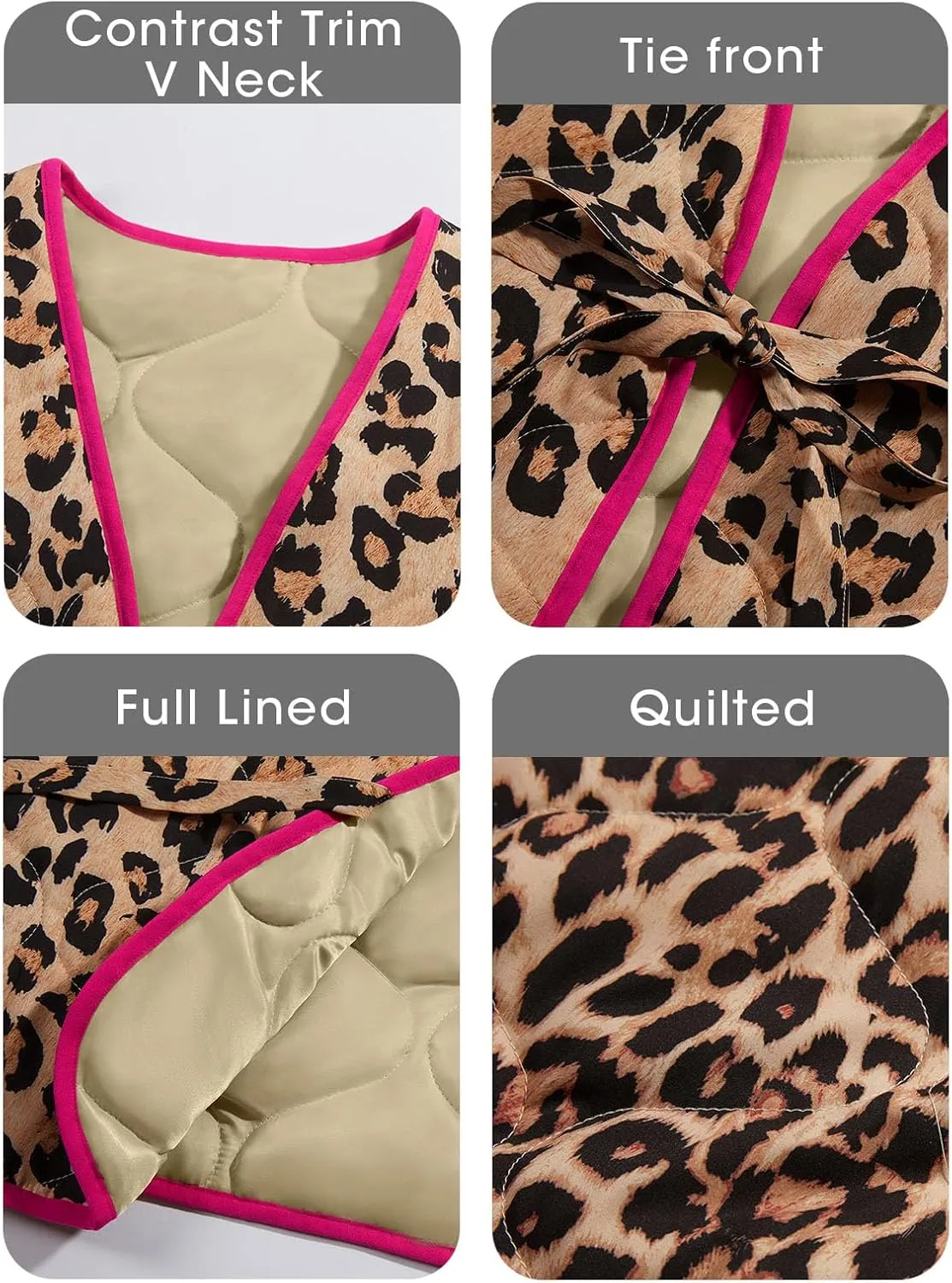 Tankaneo Womens Puffer Vest Sleeveless Leopard Print Tie Front Tops Quilted Gilet Jacket Coat Outerwear