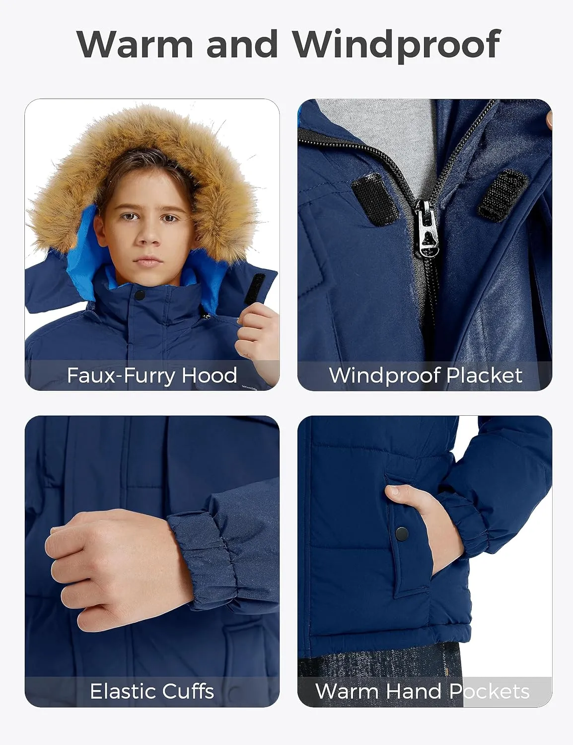 Wantdo Boy's Warm Winter Coat Waterproof Thicken Puffer Jacket with Removable Fur Hood
