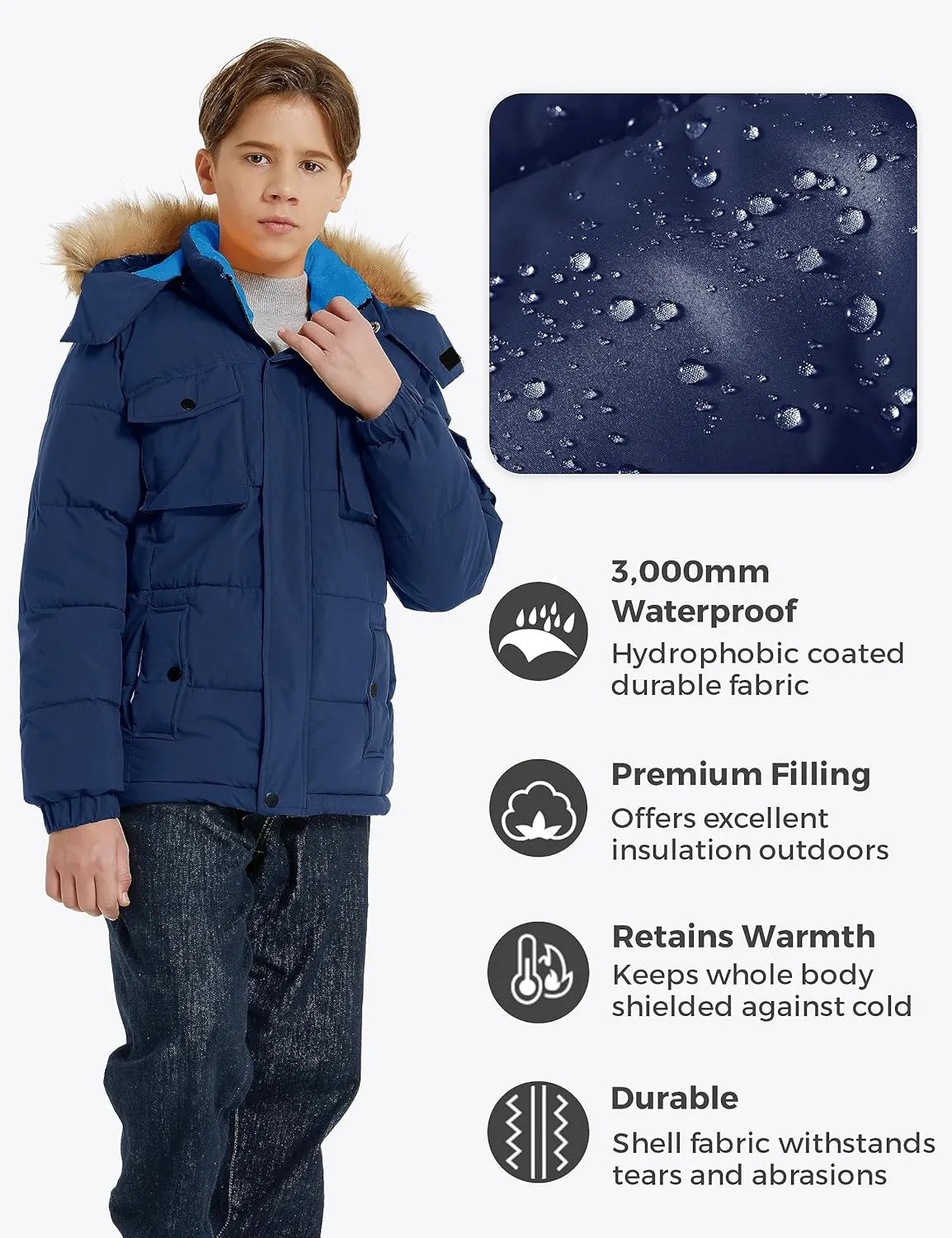 Wantdo Boy's Warm Winter Coat Waterproof Thicken Puffer Jacket with Removable Fur Hood