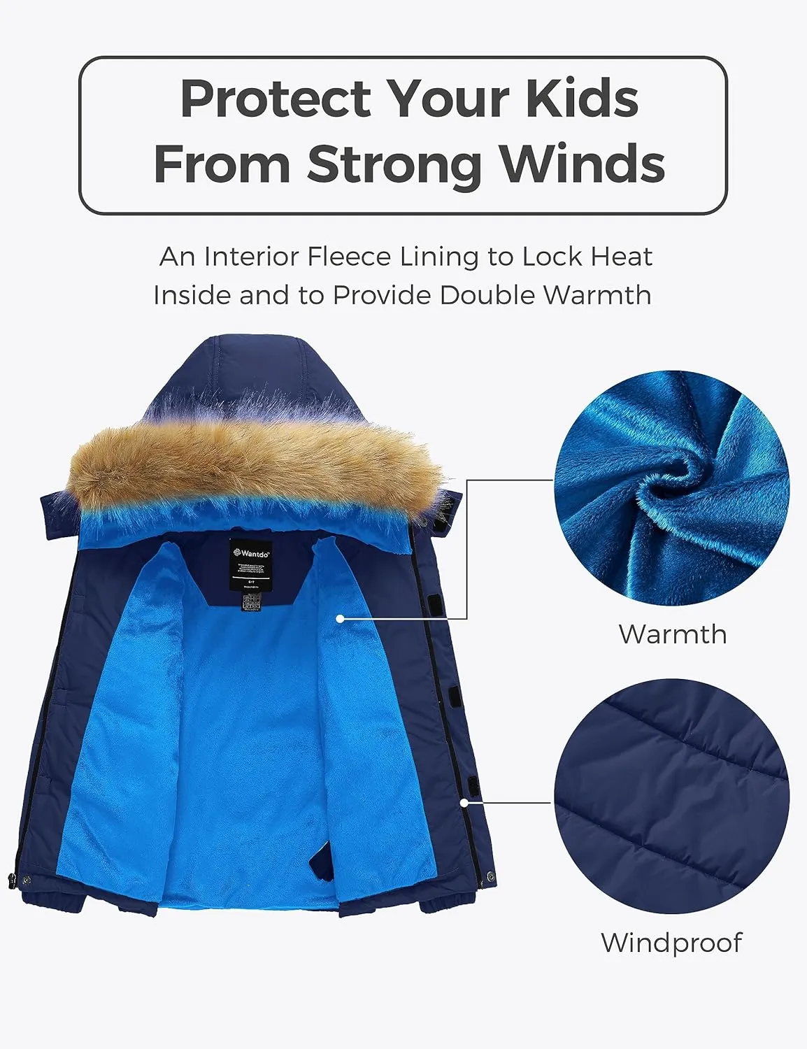 Wantdo Boy's Warm Winter Coat Waterproof Thicken Puffer Jacket with Removable Fur Hood