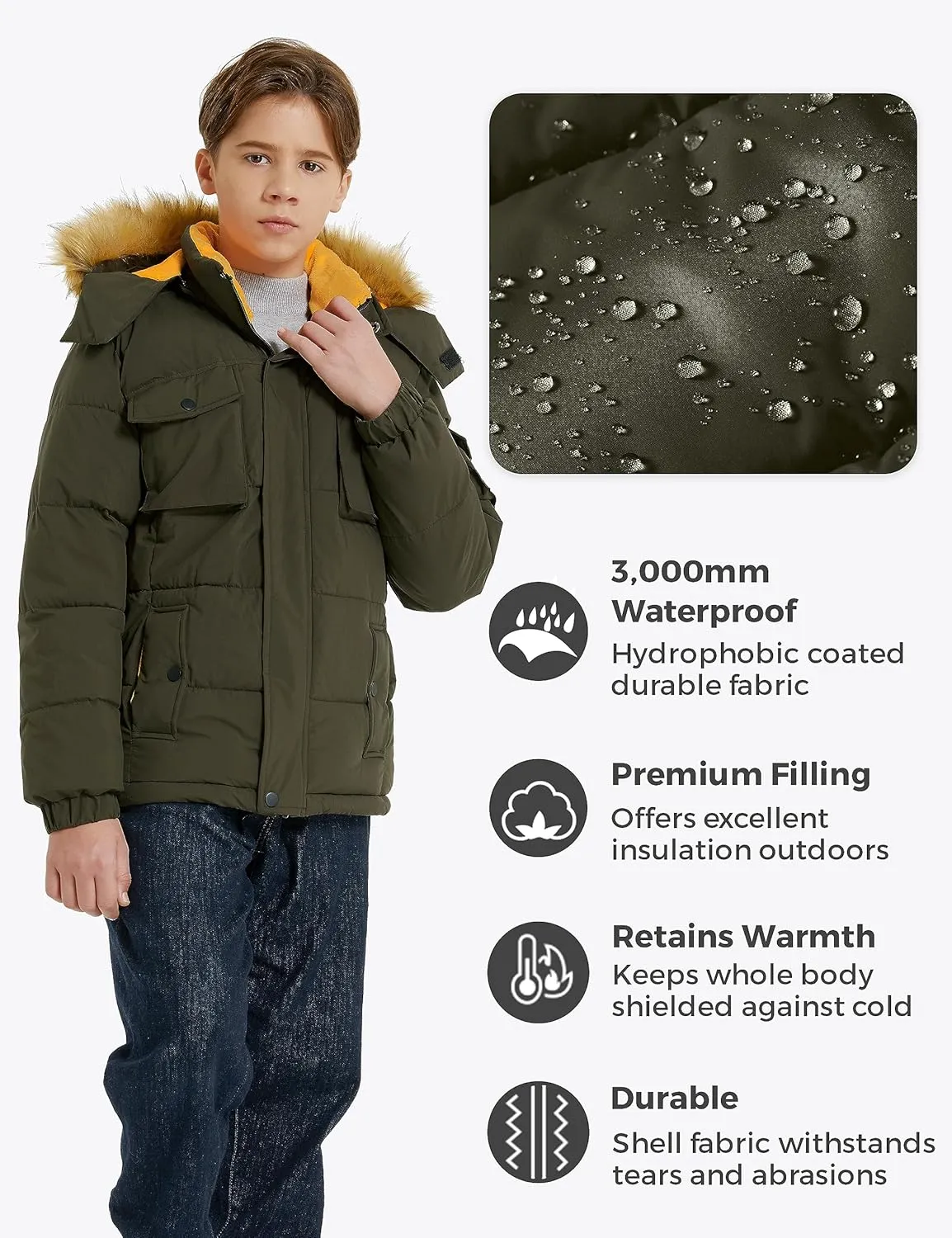 Wantdo Boy's Warm Winter Coat Waterproof Thicken Puffer Jacket with Removable Fur Hood